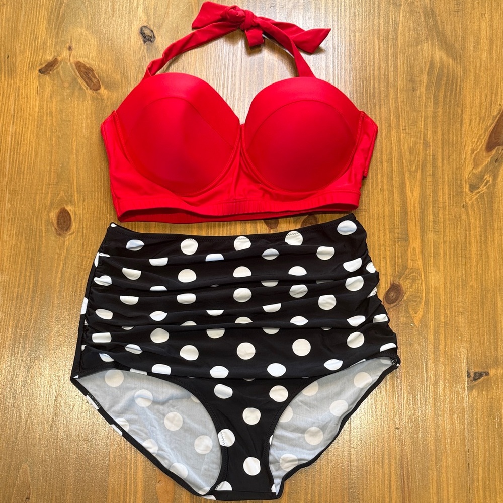 red underwire top and black polka dot high waist Two Piece Swimsuit NWOT XXXXXL